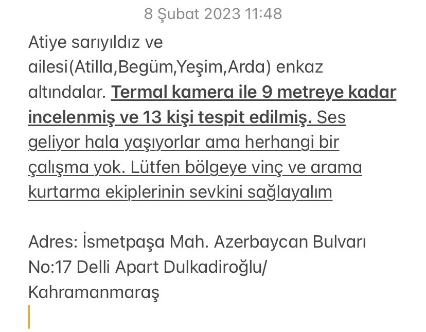ctnbusraa's tweet photo. @ProfDemirtas Acil vinç ve kurtarma ekibi sevkedelim lütfen hala yaşıyorlar sesler geliyor !!!!!!!ACİLLLL!!!!!! @gztcom @ihhinsaniyardim @sadakatasi @ahbap @AFADBaskanlik @AFADKMaras @AFAD_gonullu #deprem #maraş https://t.co/tw4D1f0DzQ