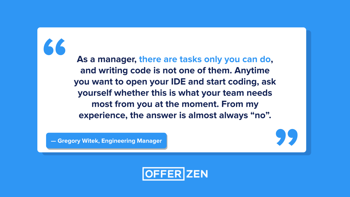 OfferZen's tweet photo. Moving from a developer to an engineering manager can be challenging 🫤

You spend less time coding and more time organising your schedule as you gain new responsibilities. And you suddenly need to navigate a lot of different relationships... https://t.co/OUvoEI9ige