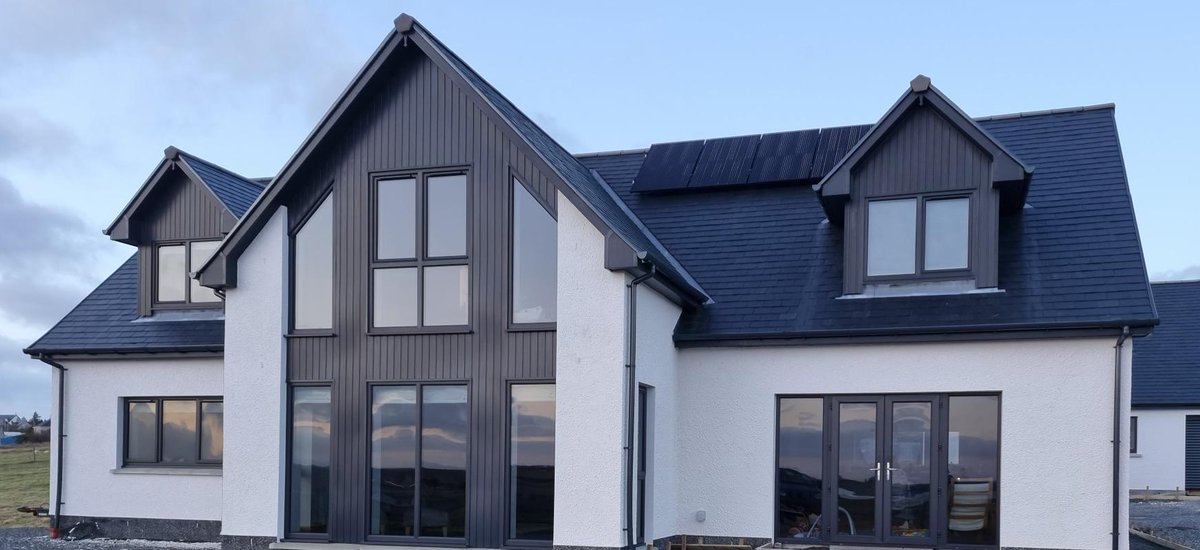 HAUStimberframe's tweet photo. Just the external paths to finish then Christopher &amp; Lorna can be proud of the fantastic job they have done completing their Benbecula amended HAUS, although more expensive the slated roof really does look great.  https://t.co/bLHab3Zya4 https://t.co/2S0l7SRbuj