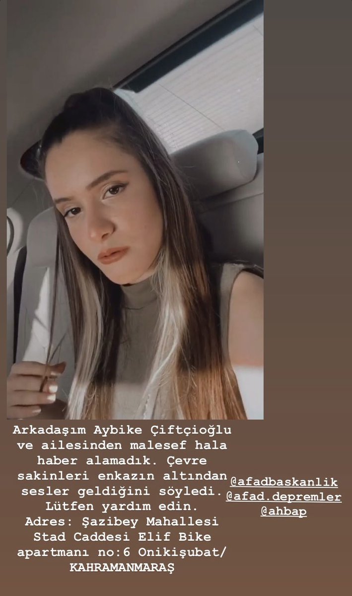 tugsemure's tweet photo. Aybike Çiftçioğlu ve Türker Çiftçioğlu’nun sesleri dün akşam saatlerinde gelmiyor diye vinçler geri çekildi. Arama durdu ve hala vinçler gelmedi. Belki Aybikem yoruldu bayıldı. Lütfen yardım edin.Demir makas ve vinçleri geri gönderin, Lütfen! #aybikeyiterketme @DepremDairesi https://t.co/FJ08hPOyGG