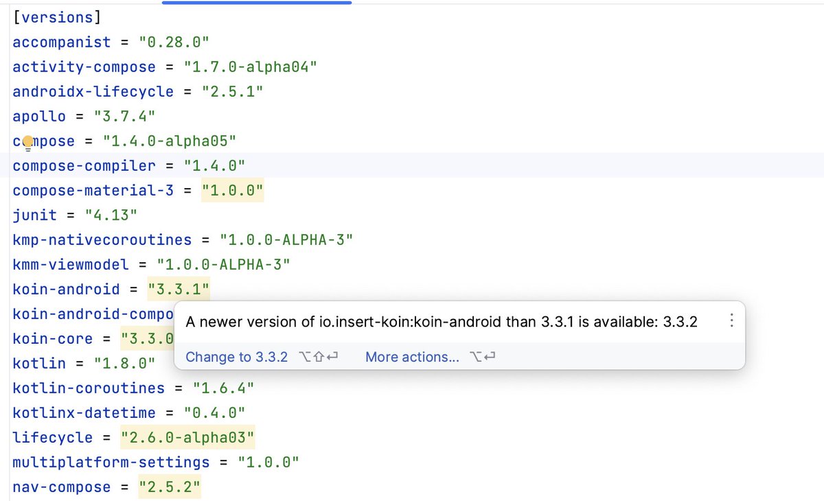 It's the small things! Example in new Android Studio Flamingo Canary 3 showing dependency updates available when using version catalogs (from Confetti sample in this case) #AndroidDev