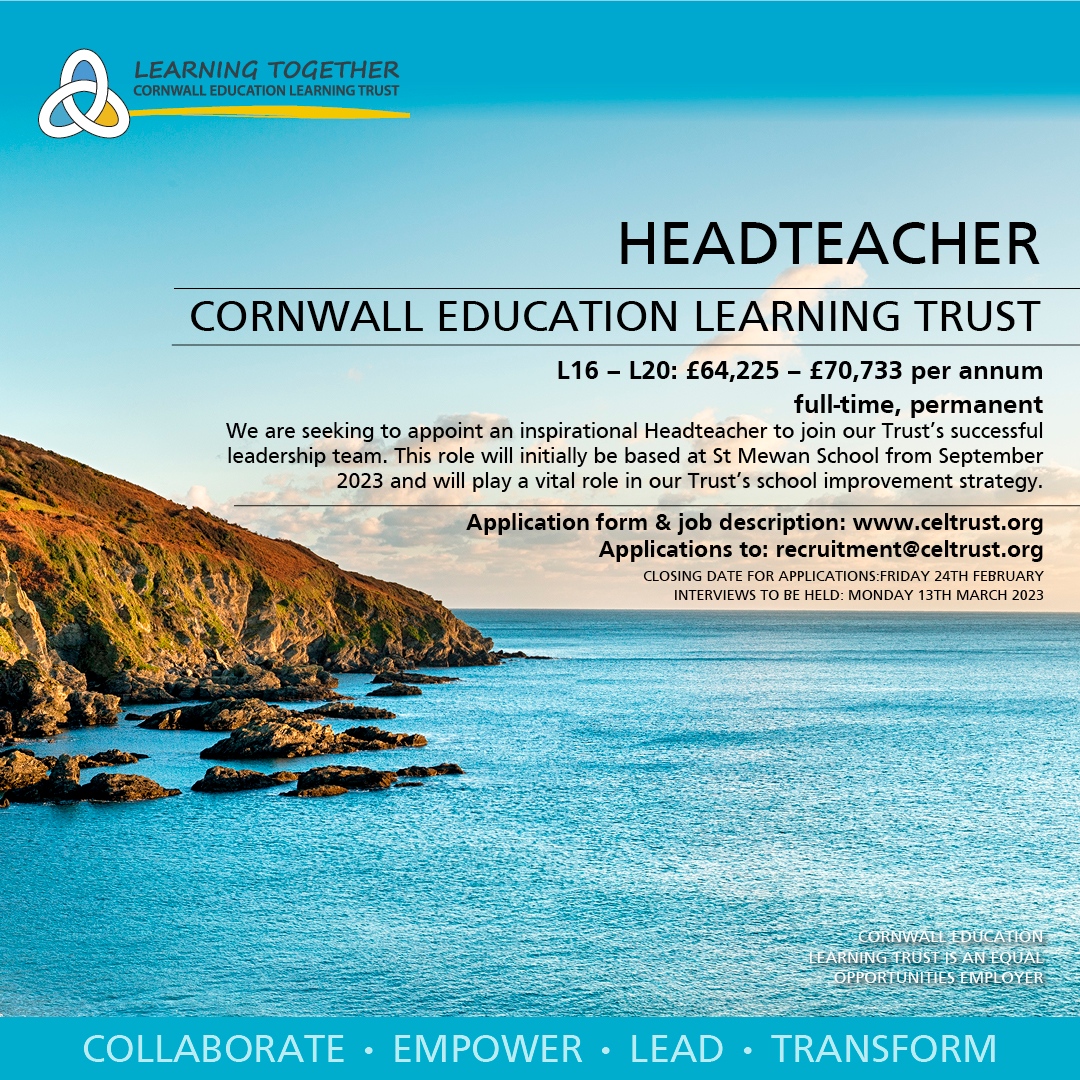 We’re looking for a dedicated and experienced leader for this great role. For more info celtrust.org/join-us/vacanc… or email recruitment@celtrust.org

#SchoolImprovement #Cornwall #StAustell #Headteacher #TeachingSouthWest #WeAreCelt #CornwallCareers #LoveCornwall #LearningTogether