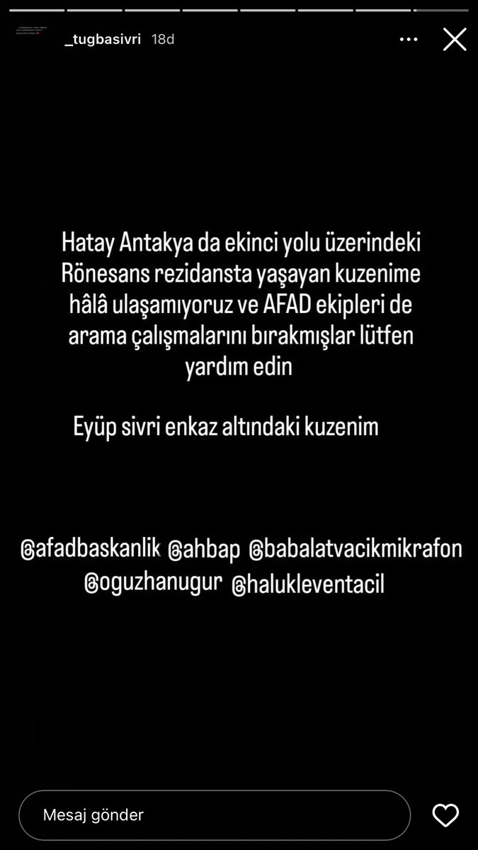 ARKADAŞIMIN KUZENİ HALA ENKAZ ALTINDA #deprem #sondakika #sondakikadeprem <a href="/AFADBaskanlik/">AFAD</a> <a href="/DepremDairesi/">AFAD Deprem</a> <a href="/OguzhanUgur/">Oğuzhan Uğur</a> <a href="/haluklevent/">Haluk Levent ( Ahbap Ekibi )</a> <a href="/ahbap/">Ahbap</a> <a href="/BabalaTv/">BaBaLa TV</a> <a href="/Ahbap_Medya/">Ahbap Medya</a> <a href="/Haydi_Ahbap/">Haydi Ahbap</a> <a href="/TC_icisleri/">T.C. İçişleri Bakanlığı</a> <a href="/suleymansoylu/">Süleyman Soylu</a> <a href="/tsivrii/">Tuğba Sivri</a>