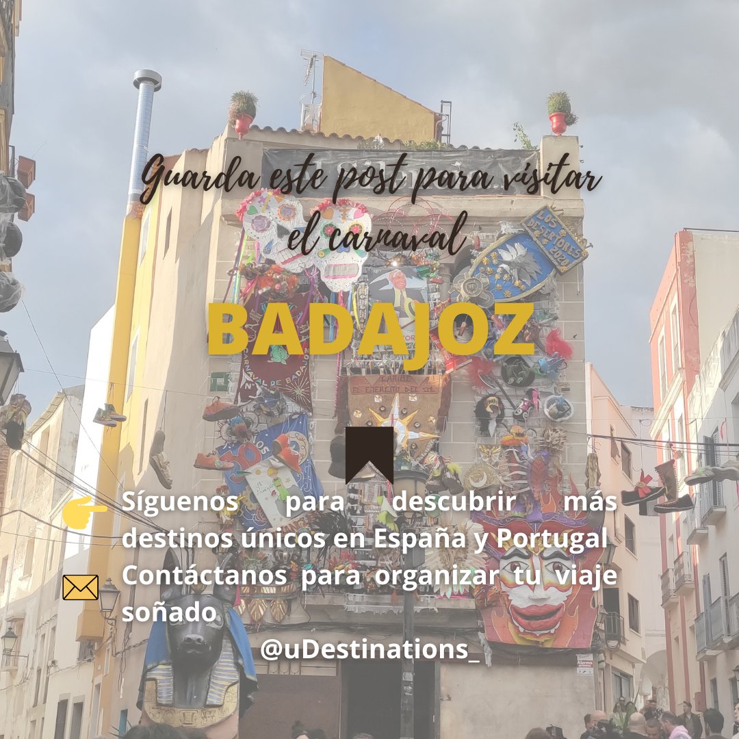 UDestinations_'s tweet photo. 3 razones para conocer el Carnaval de Badajoz:
1️⃣Su desfile, con ~7k participantes
2️⃣ Sus calles llenas de ambiente
3️⃣ Interés Turístico Internacional
¿Otras razones?
👉Síguenos para descubrir más lugares únicos en 🇪🇸 y 🇵🇹✨
#udestinations_ #badajozcarnaval #carnavalespaña https://t.co/43onPddYtq