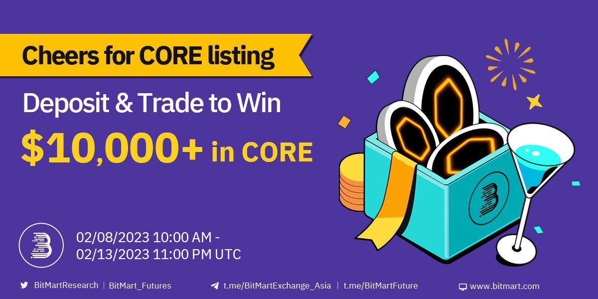 🎉Cheers for <a href="/Coredao_Org/">Core DAO 🔶</a> Listing
🎁Deposit &amp; Trade on #BitMart to Win $10,000+ in $CORE!

Campaign Details👉ibit.ly/aaA9

Get extra social media airdrop🎁 
👇20 ppl * 5 #USDT
1⃣Follow
2⃣RT &amp; Tag 3 frds

 #Airdrop #Giveaways #CoreDao