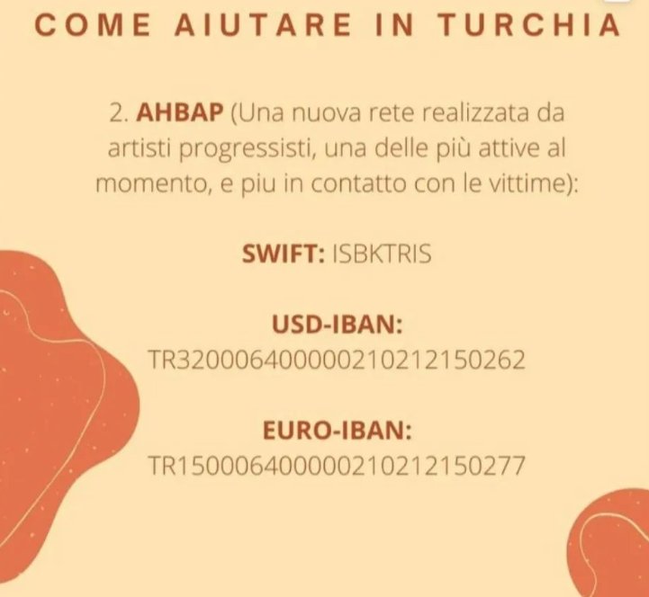 acanakoglu's tweet photo. For donations / Per donazioni:

5euro = 100TL
AHBAP
Non-Governmental &amp; Nonprofit Organization  (creato da Haluk Levent-un cantante famoso)
carta di credito o bonifico / Credit card or bank transfer

https://t.co/arktAArimM

https://t.co/elvNI0zBA3

@haluklevent @ahbap https://t.co/62bBOd7TOo