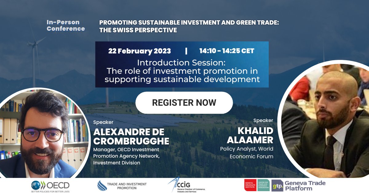 Channeling investment toward sustainability is critical for a greener, more inclusive future. This opening panel of <a href="/PromotionTrade/">Trade and Investment Promotion</a>  feat. experts from <a href="/OECD/">OECD ➡️ Better Policies for Better Lives</a> &amp; <a href="/wef/">World Economic Forum</a> sharing the policy tools governments can use to attract the right kind of capital. Sign up! agenda.ccig.ch/agenda/2023/02…
