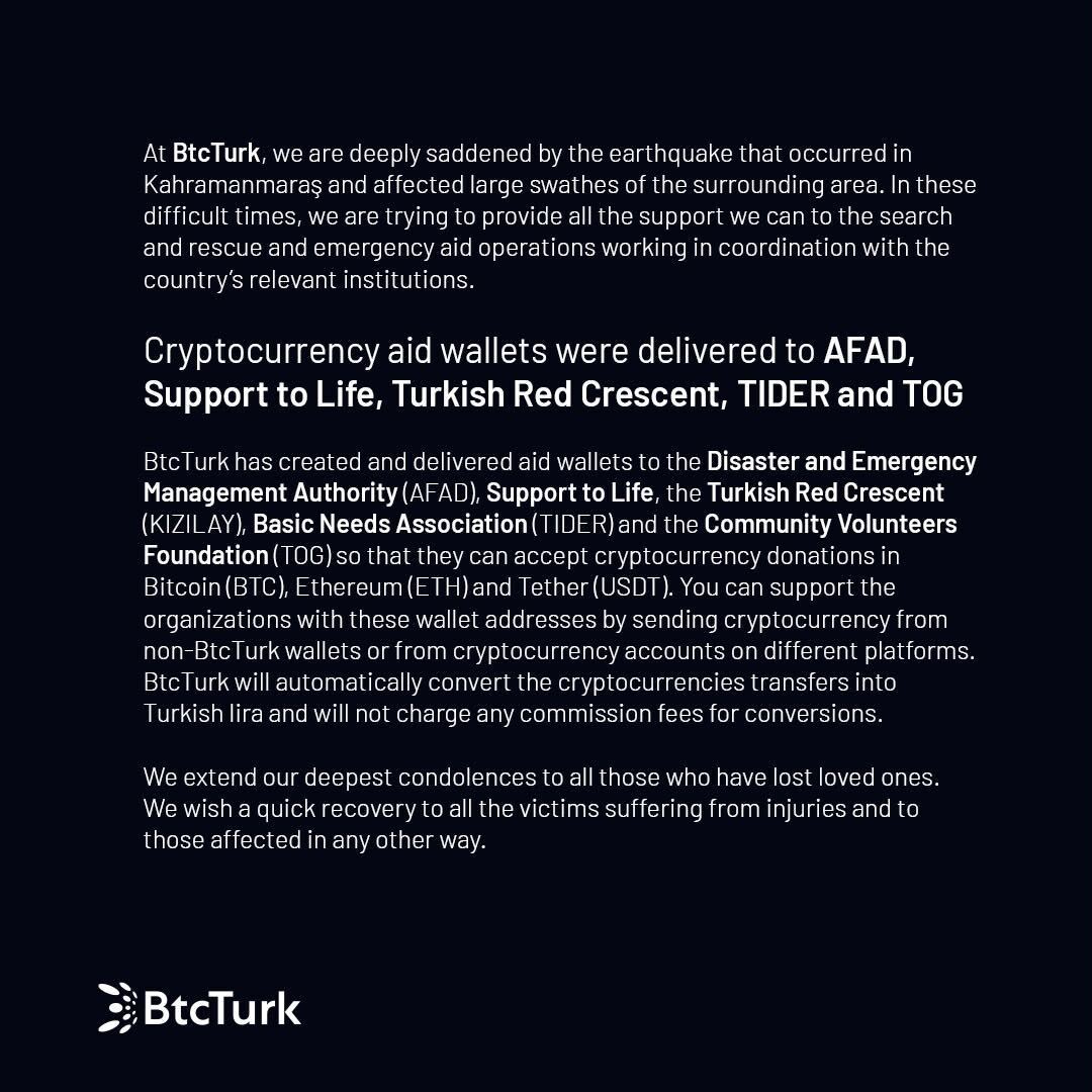 BtcTurk_Global's tweet photo. You can send Bitcoin (#BTC), Ethereum (#ETH) and Tether (#USDT) to AFAD, Support to Life, Turkish Red Crescent, TIDER and TOG.

For wallet addresses and details: https://t.co/6Nn31Jg4wi

@AFADTurkiye @Support2Life @RedCrescent @Tidersosyal @TOGVakfi https://t.co/JwmjepsPNm