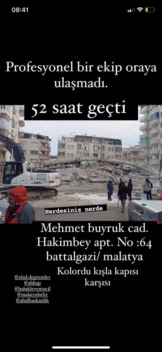 52 saat oldu artık yalvarıyoruz nolur yardıma gidin nolurBir insanı ölüme terk etmek bu kadar mı kolay? Hala bir umut varken Allah rızası için yardım edin ablam orda yaşıyor inanıyoruz <a href="/AFADBaskanlik/">AFAD</a> <a href="/DepremDairesi/">AFAD Deprem</a> <a href="/haluklevent/">Haluk Levent ( Ahbap Ekibi )</a> <a href="/ahbap/">Ahbap</a> <a href="/TBF/">TBF</a>  #NilayAydoğan  #yardım #YardımCağrısı