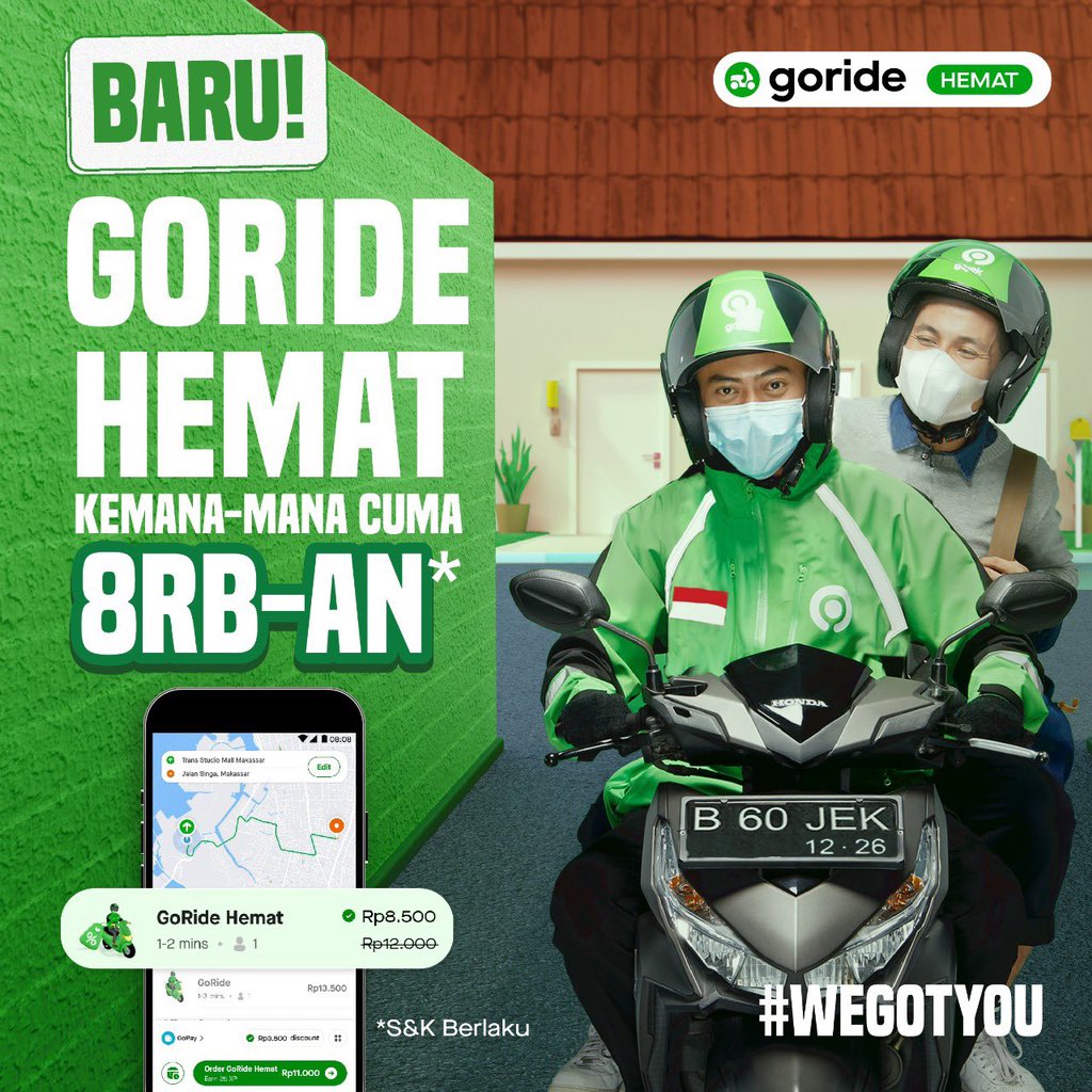 UGM_FESS's tweet photo. Gojek ada fitur baru ni ges, namanya "GORIDE HEMAT" berpergian jarak max 3KM cuma bayar 8Rb aja dan ada juga kode promo khusus naik gocar yaitu "GOCARAJA" diskon 50% maks.11Rb. Hemat banget kan! Yuk gaskeun jalan-jalan pake gojek
#GoRideHemat #PromoGoRide https://t.co/6Vs6S8DTms