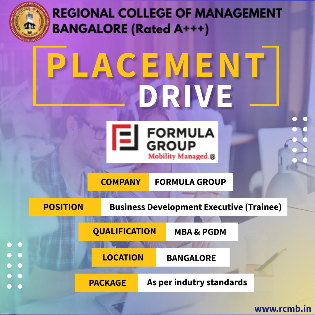 Placement Drive 2023: FORMULA GROUP
.
Great opportunity for students.
•
Visit Us- rcmb.in
•
#rcmb #rcmbangalore #pgdm #mba #formulagroup  #bangalore #opportunity #bangaloreuniversity #mbastudent #placementatrcmb #placementdrive2023