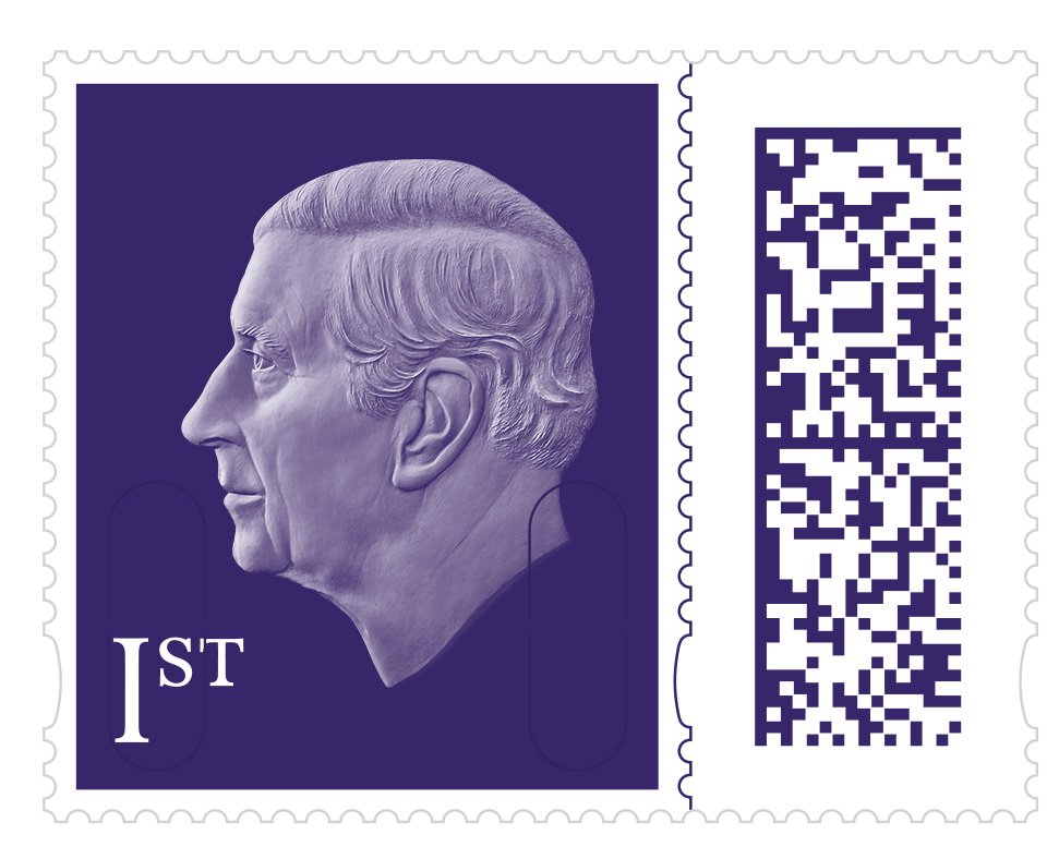RoyalMail's tweet photo. Today, we reveal our new definitive stamp featuring the image of King Charles III.

The image of HM The King is an adapted version of the portrait created by Martin Jennings for The Royal Mint.

The stamps will go on general sale from 4 April 2023. https://t.co/TbKlmclO5X