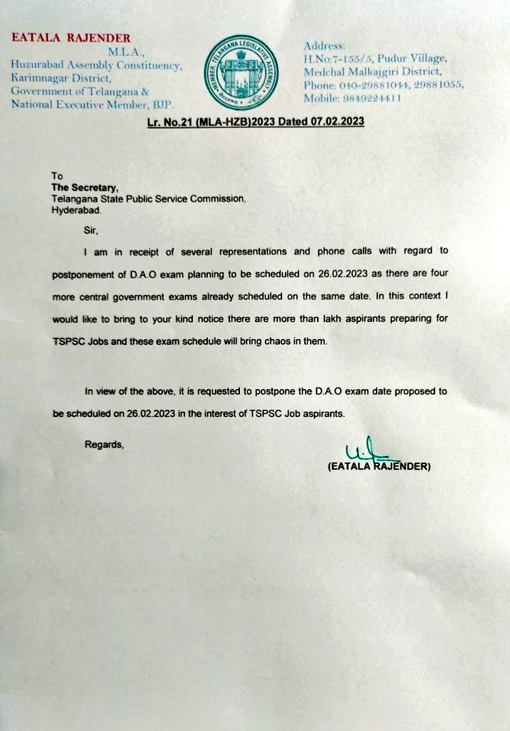 Eatala_Rajender's tweet photo. It is my request to the Secretary of #TSPSC to postpone the DAO exam scheduled on 26.02.2023 due to four other Central Government exams scheduled at the same time. https://t.co/kYKSIR4T5Q