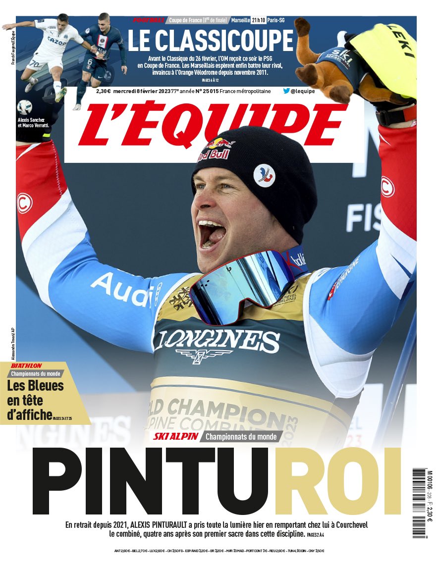 FedFranceSki's tweet photo. PINTU ROI en Une de l’@lequipe 🇫🇷👑

@AlexPinturault l @CM_2023 https://t.co/SPQii84XMD