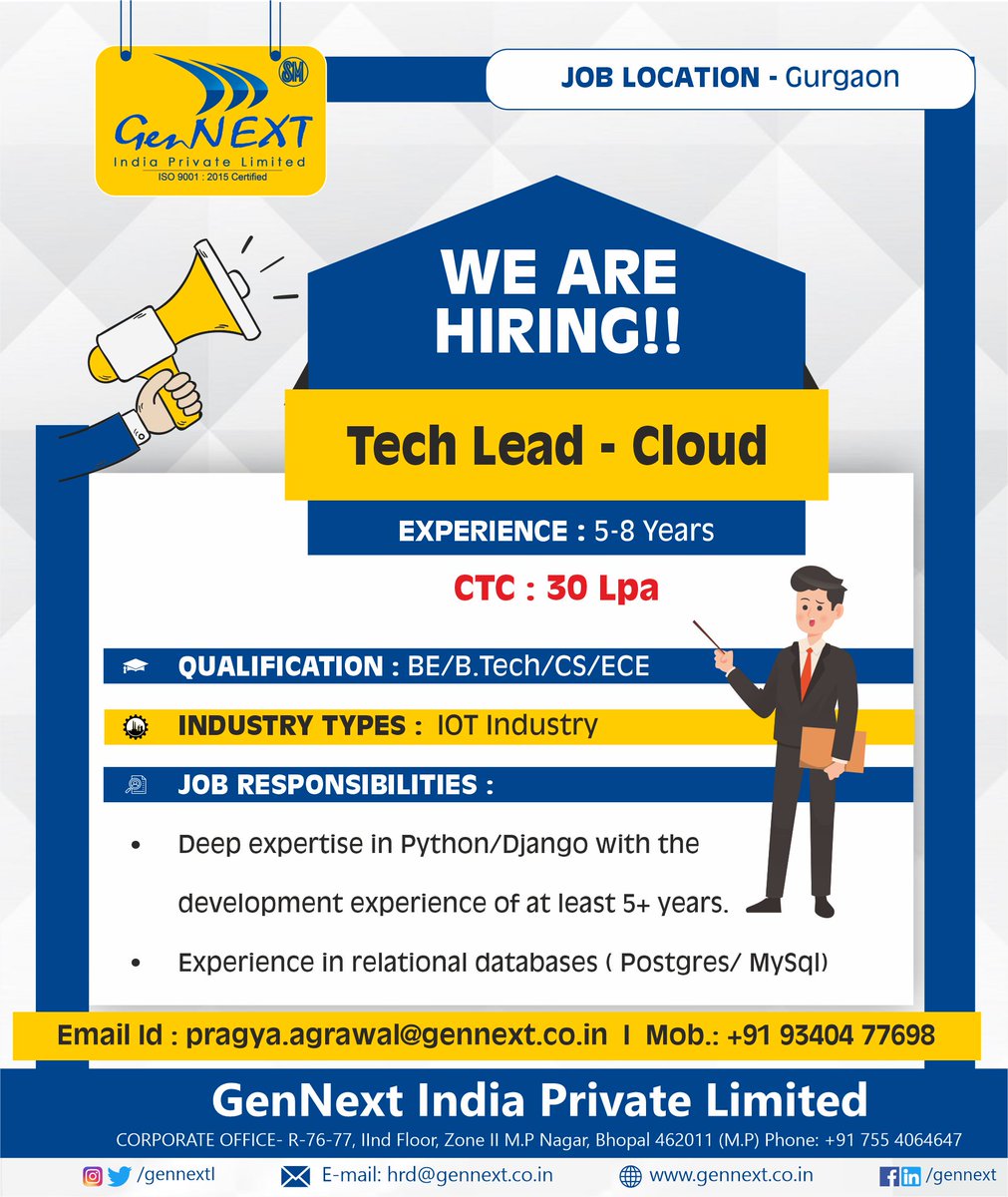 #urgent_hirings
#techleadcloud #gurgaonjob #be #btech #cs #ece #30lpa  #india #tech #cloud #mysql #python #gurgaon  #experience
#hiringalert #hiringnow #employment #job #work #jobalerts #vacancyjob #gennext #gennexthiring #gennextjob #gennextindia