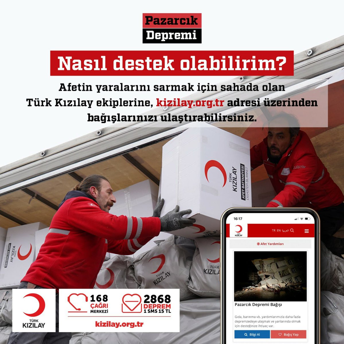 ❝Nasıl yardım edebilirim?❞
❝Nasıl destek olabilirim?❞

🌐 kizilay.org.tr 
🏦 𝗛𝗲𝘀𝗮𝗽: Türkiye Kızılay Derneği
▪️ 𝗜𝗕𝗔𝗡: TR 4800 0100 2110 0000 2868 5254