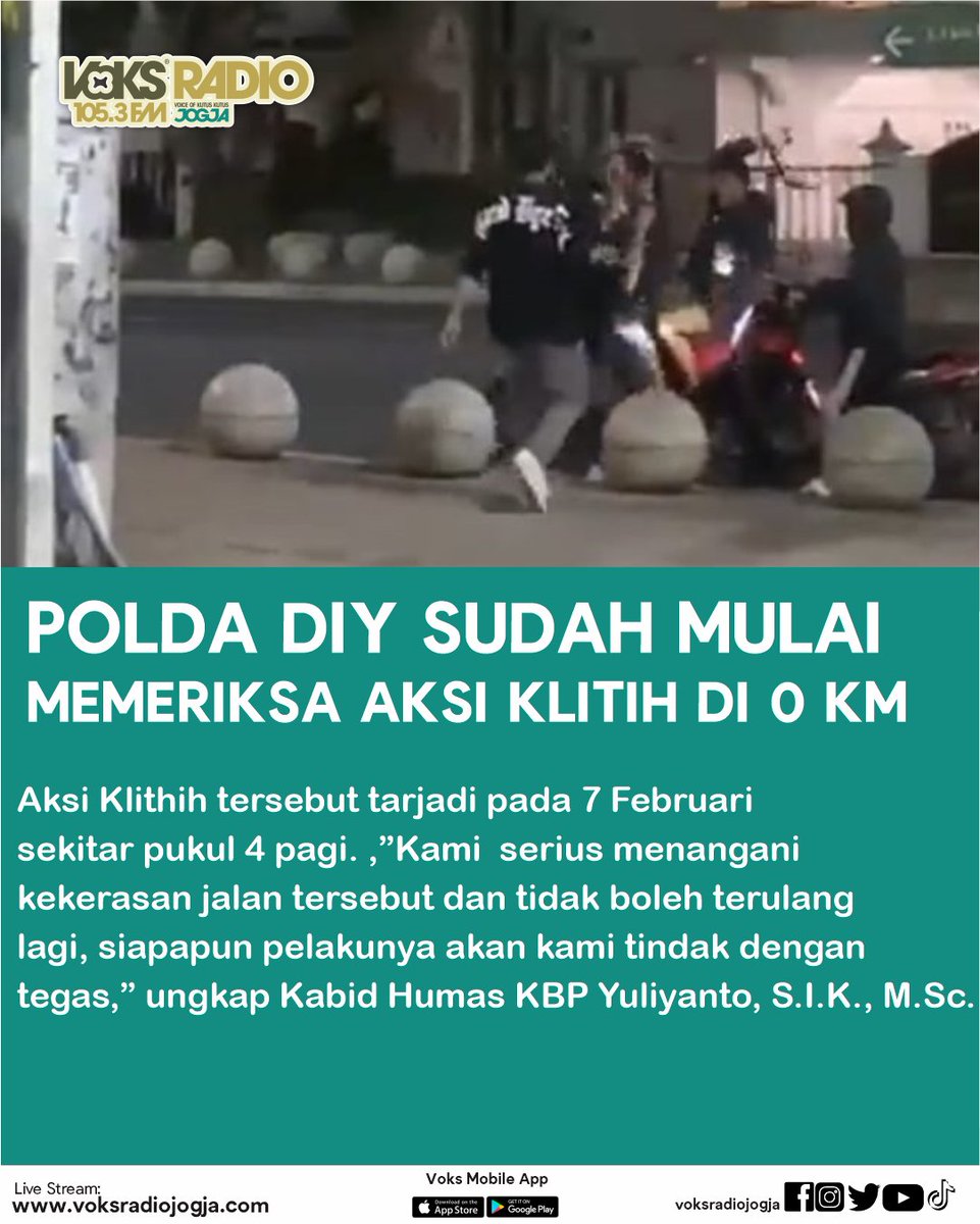 voksradiojogja's tweet photo. Menurut keterangan yang dipublikasikan via
@PoldaJogja bahwa @polresjogja serius menangani kekerasan jalanan di Jogja tersebut. Kabid Humas KBP Yulianto, menghimbau kepada korban dan masyarakat sekitar kejadian untuk proaktif dalam kasus ini. #Voksupdate #KlitihJogja https://t.co/RkoXtlyQf3