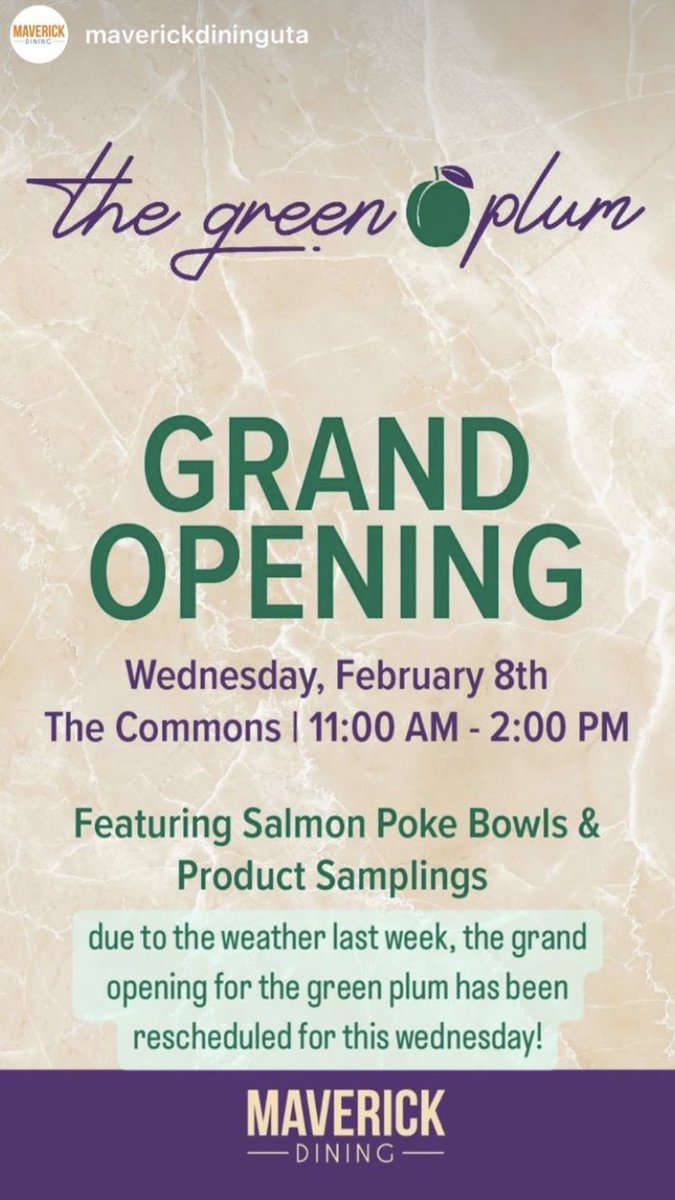 Product samplings? That’s #freefoodatUTA 👀🐎 support grand opening + get #freefood from 11am-2pm ⏳⌛️

#mavup #UTAmavericks #UTA