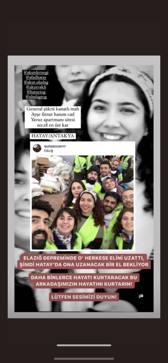 General Şükrü Kanatlı Mahallesi Ayşe Fitnat Hanım Caddesi Yavuz Apt. Sitesi No:28 Arkadaşımız Suna Sözer hala haber yok Yardım edin ailesi ile hala enkaz altındalar .

<a href="/AFADBaskanlik/">AFAD</a> <a href="/AFADHatay/">AFAD HATAY</a> <a href="/HatayBSB/">Hatay Büyükşehir Belediyesi</a>  <a href="/haluklevent/">Haluk Levent ( Ahbap Ekibi )</a> <a href="/OguzhanUgur/">Oğuzhan Uğur</a> <a href="/fatihportakal/">fatih portakal</a> <a href="/cnnturk/">CNN TÜRK</a> @FOXhaber <a href="/selcukktepeli/">Selçuk Tepeli</a>