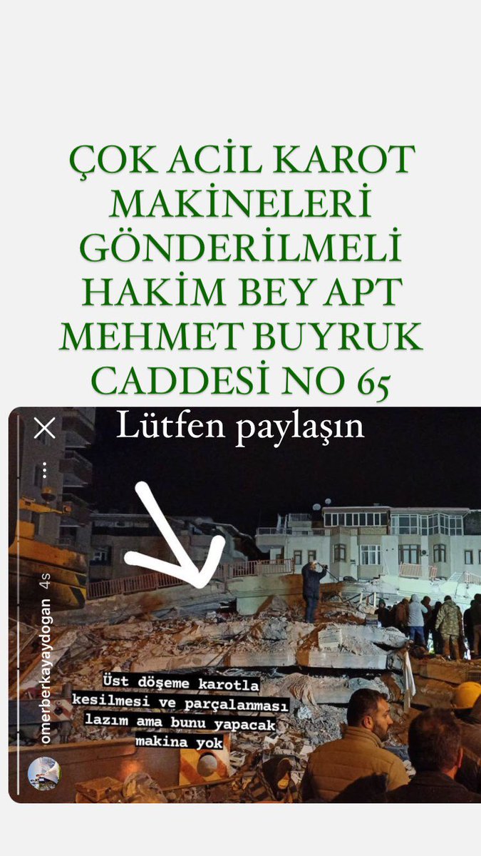 theoener's tweet photo. @HazalKaya110 ACİL KAROT MAKİNESİ İHTİYACIMIZ VAR BETON ÜST DÖŞEME KESİLİP KALDIRILAMIYOR İÇERİDEN İNSAN SESLERİ GELİYOR LÜTFEN YARDIM EDİN MALATYA ZAFER MAHALLESİ MEHMET BUYRUK CADDESİ HAKİMBEY APARTMANI NO 65 #deprem #hatay #elazig https://t.co/SMLvXBpG6u