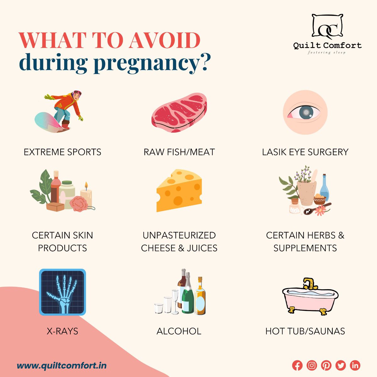 As a first-time expecting mom, you must avoid exposure to these items for a healthy pregnancy! ✅

For more healthy pregnancy tips and products, keep following us! 
.
.
#pregnancytips #quiltcomfort #pregnancy #expectingmom #expectingababy