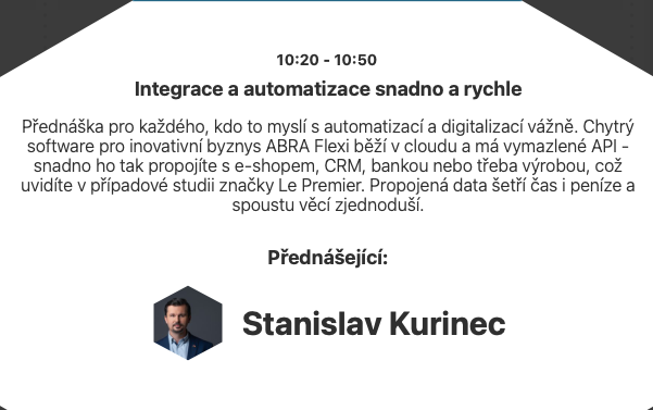 ABRASoftware's tweet photo. Chcete znát tajemství výkonnějšího e-shopu? Stavte se za námi na #CzechOnlineExpo, kde šéf ABRA Flexi Standa Kurinec hned první den akce 22. února vystoupí s přednáškou o Automatizaci &amp; Integraci. https://t.co/EiZuox6VFQ