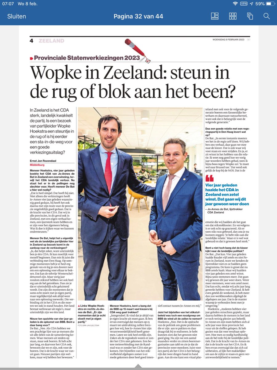 koemanpeter's tweet image. Mooi duo-interview met @WBHoekstra en @JoAnnesdeBat in PZC vanmorgen. #stemCDA #PS2023 #WS2023