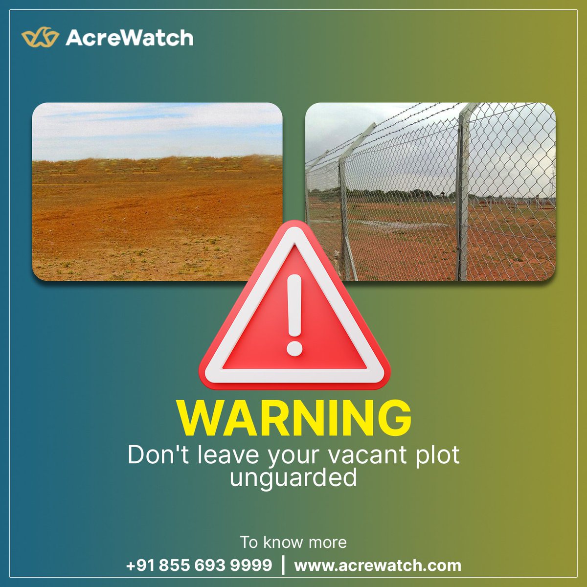 WatchAcre's tweet image. Protect your valuable property with our comprehensive monitoring services. Unmonitored vacant plots can become a target for theft, vandalism, and other illegal activities. 

👨🏽‍💻 acrewatch.com
📞 Call+91 8556939999

#acrewatch #secureland #vacantplot #protectland #explore