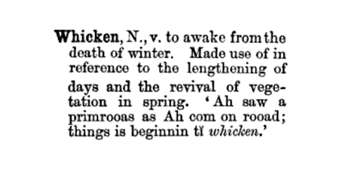 HaggardHawks's tweet photo. When the year WHICKENS, it begins to “awake from the death of winter” with the lengthening of the day and the regrowth of plants and flowers in the spring.

(fr. A Glossary of [...] the Dialect of Mid-Yorkshire, 1876) https://t.co/0Br39TSwxI