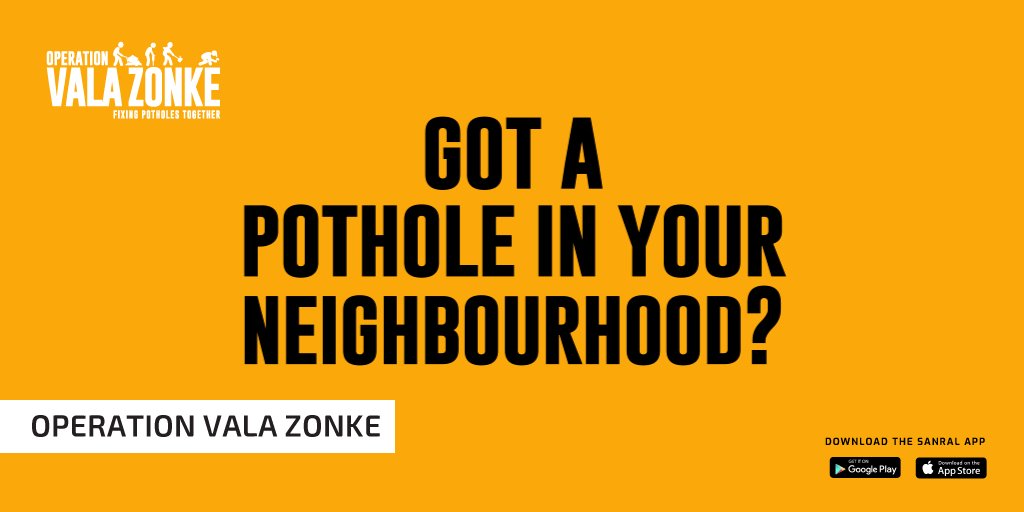 ValaZonke's tweet photo. The nationwide Operation Vala Zonke campaign to rid South Africa of potholes, led by SANRAL, is one of government’s key commitments to driving economic development. Be part of the solution, report today.

Download the app Now! https://t.co/QrLkIbKnu9

#ValaZonke #KwalaKaofela https://t.co/C2DTvgBA5L