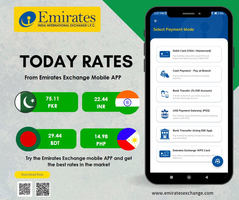eiiexchange's tweet photo. Remit money easily to your beneficiary with the best rates in the market, try our mobile APP or visit your nearest branch.

#IndiaRupee  #UAE #Remittance #ExchangeRates #pakistanrupee #PisoRate #philppines #EIIE #Emiratesexchange #Emiratesexchangemobileapp #moneytransfers https://t.co/LxFWhCa8r3