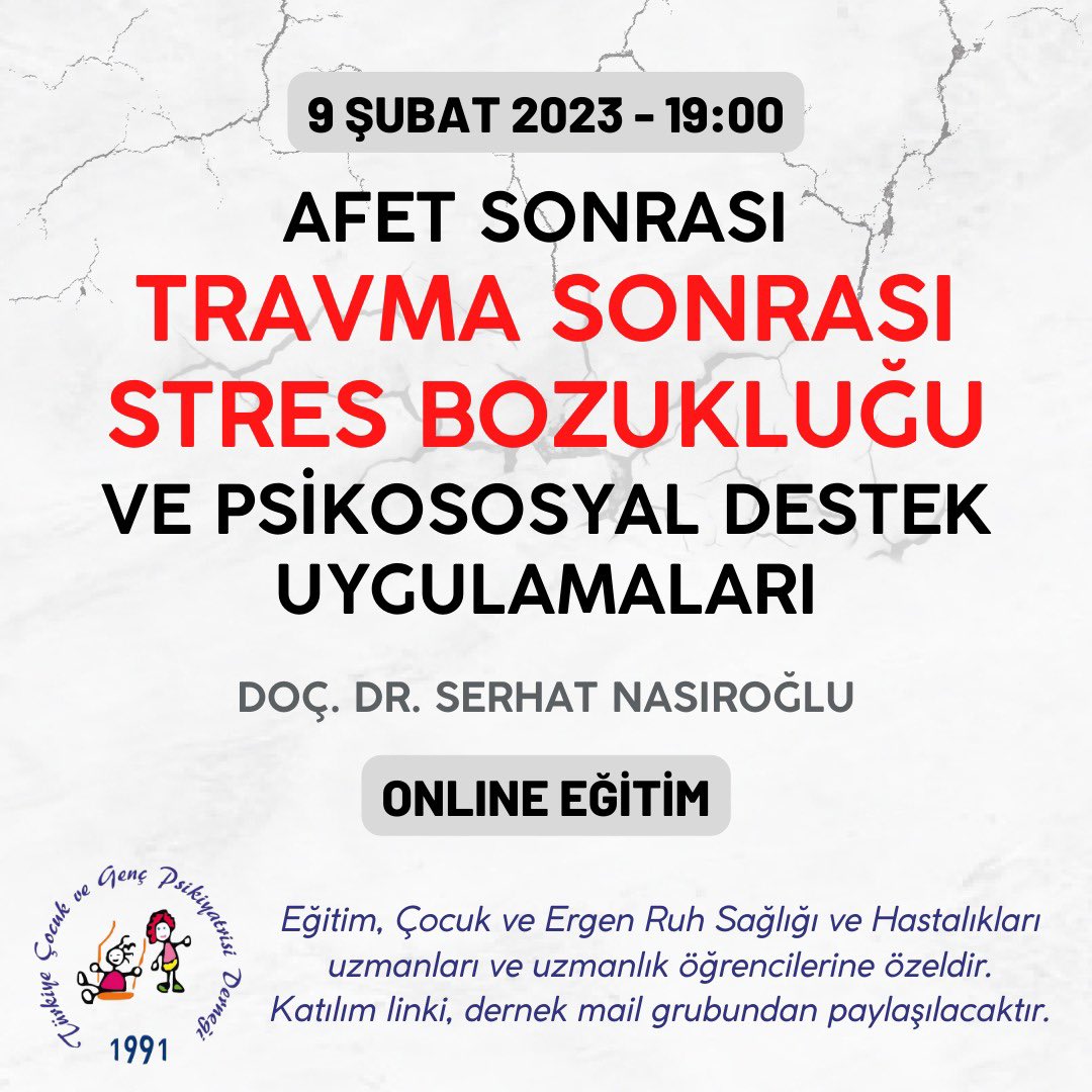 serhatnasiroglu's tweet photo. Deprem sonrası psikososyal hizmet çalışmalarına katkı sağlamak adına Türkiye Çocuk ve Genç Psikiyatri Derneği olarak meslektaşlarımıza yönelik eğitimlere başlıyoruz. Yarın yapılacak ilk eğitimin linki derneğimiz mail grubunda paylaşılmıştır. @cogepderTR https://t.co/X6r1iPirYe
