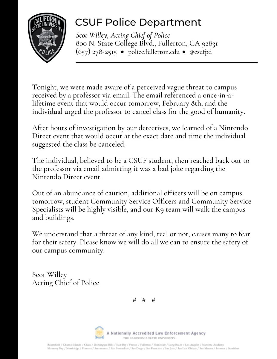 csufpd's tweet image. Message from Acting Chief Scot Willey regarding perceived threat to @csuf.