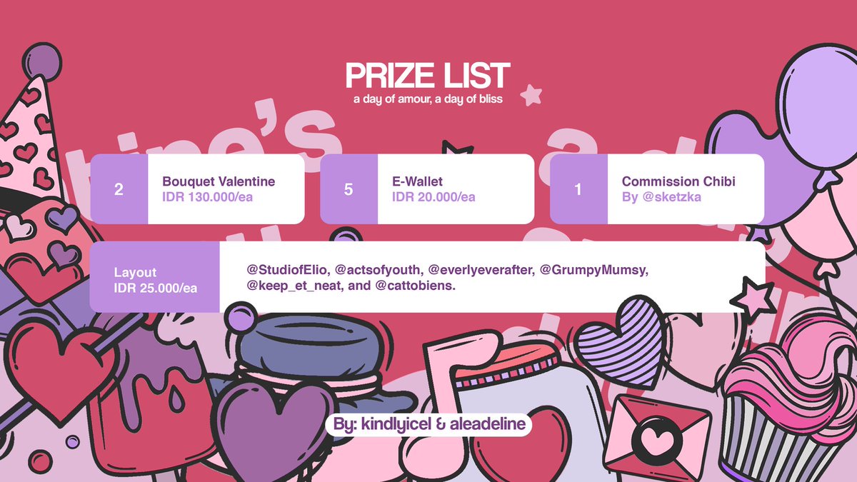 kindlyicel's tweet photo. 💗 A day of amour, A day of bliss 💗

Dalam rangka hari valentine, kindlyicel dan kakak @aleadeIine ngadain GA kecil-kecilan untuk OCRP. Syaratnya:

❓retweet head thread diatas dan follow @kindlyicel lalu tag teman kalian untuk ikutan
🎁 retweet hadiah yang kamu mau https://t.co/ivv0o5ziBT