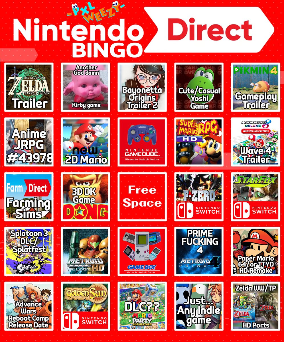 Here’s my Bingo card for the #NintendoDirect tomorrow… I’m expecting the top row and the far left column… we shall see 👀