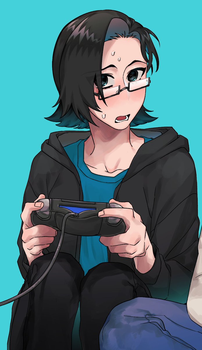 1boy black hair glasses male focus solo game controller controller  illustration images