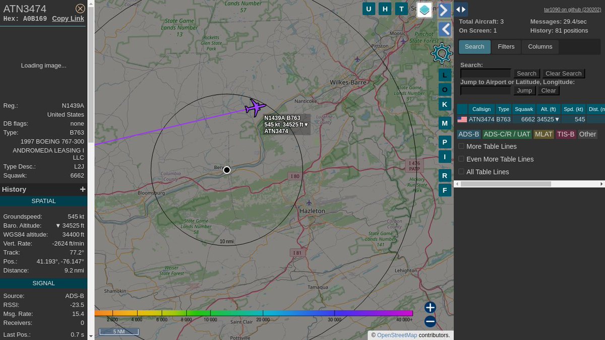 #ATN3474 / A0B169: Squawk 6662, 8.3mi away @ 35000ft, heading E at 632.0mph @ 01:31:56 US Eastern Time. #LateNights #WayTheHeckUpThere #ZOOOM #PROSPBerwick #ADSB