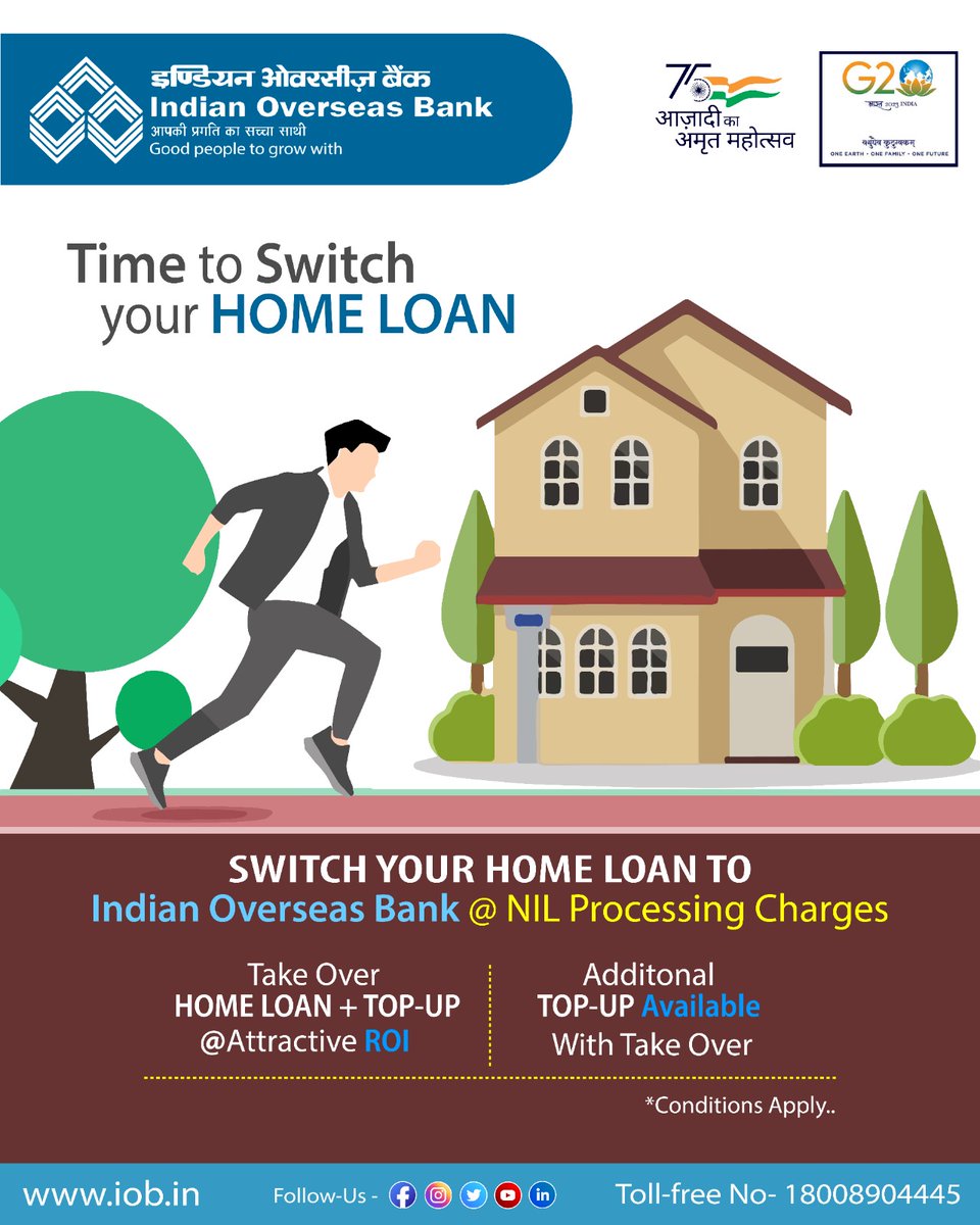 IOBIndia's tweet image. Switch over your Home Loan to Indian Overseas Bank and get Benefit of Attractive ROI, Quick Disbursal, Easy Documentation and Many more..
##IndianOverseasBank
#GoodPeopleToGrowWith
#AzadiKaAmritMahotsav
#DFS
#homeloan
#housing