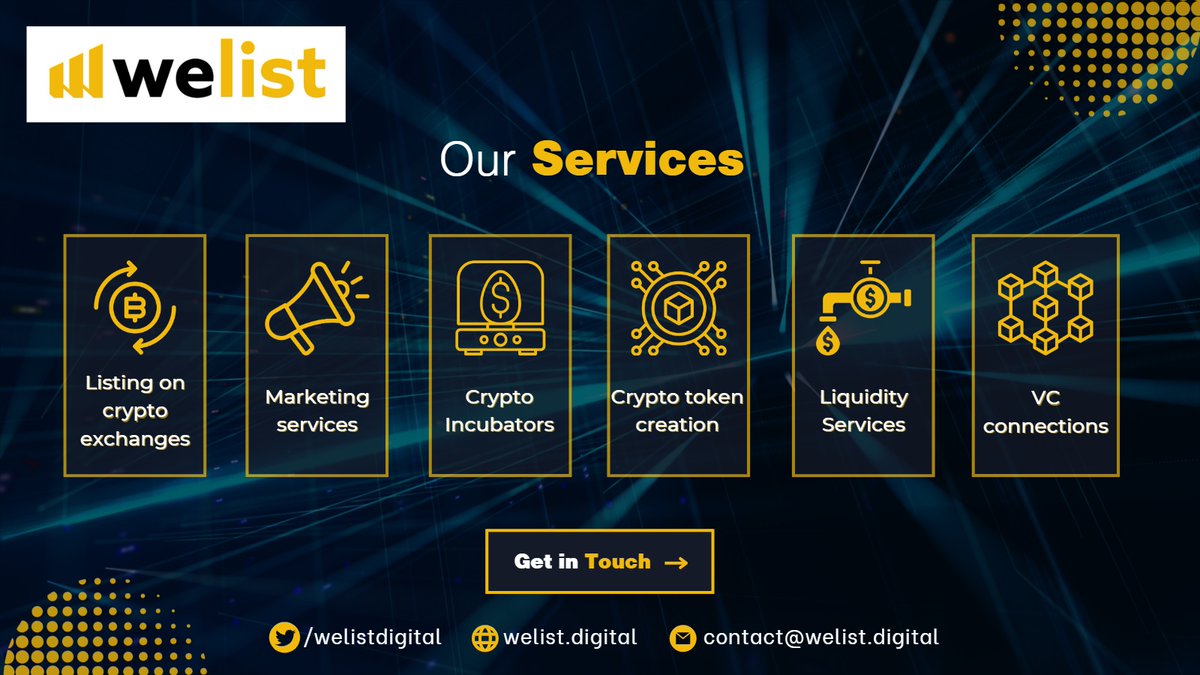 welistdigital's tweet photo. Maximize your #crypto success with #WeList! 💰 Our comprehensive services include #exchangelistings, #marketing, #incubation, #tokencreation, #liquidity solutions & #VCconnections. Let us help you reach new heights in the crypto world. https://t.co/eNhhnZqzOo