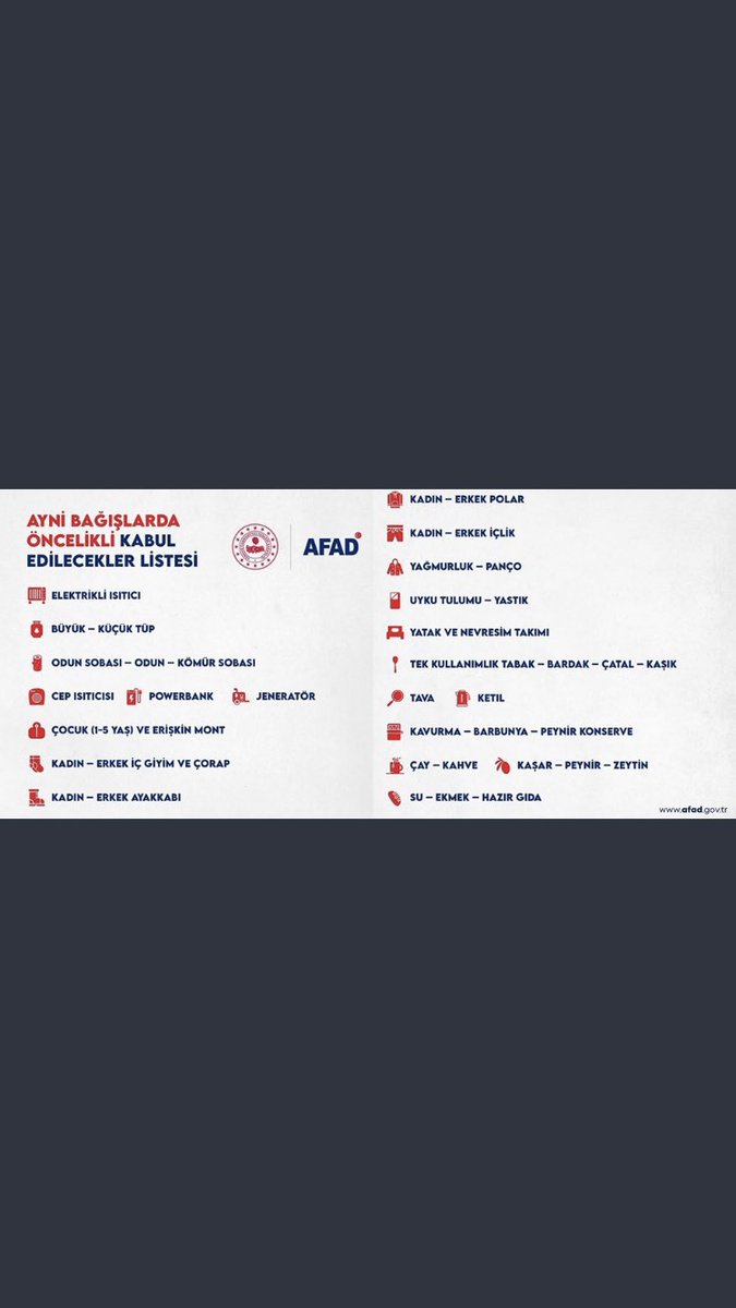 AFAD öncelikli ihtiyaç listesi