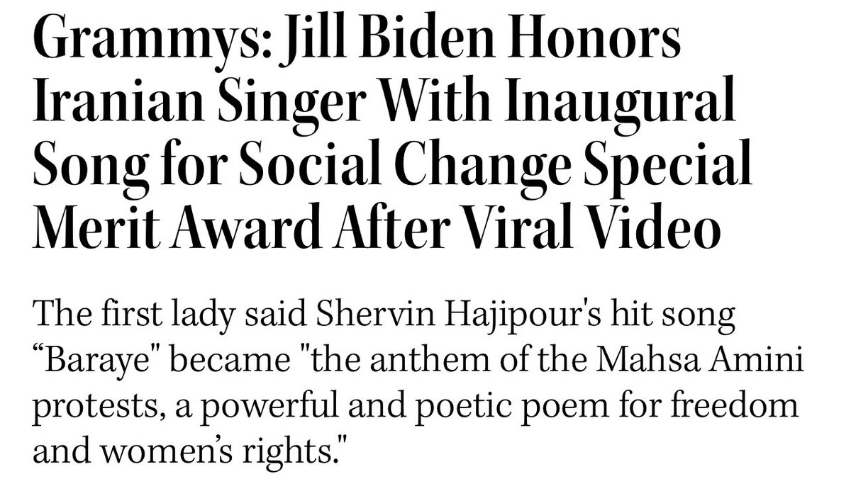 SKYRIDER4538's tweet photo. How sad that some Iranians are fooled by Jill giving an award to #ShervinHajipour for the song #BarayeAzadi while her Joe doesn’t even mention Iran in #StateOfTheUnionAddress.
How meaningful is this gesture when the Biden admin empowers IRI behind the scenes?
#MahsaAmini
#JCPOA https://t.co/00ERAINKq2