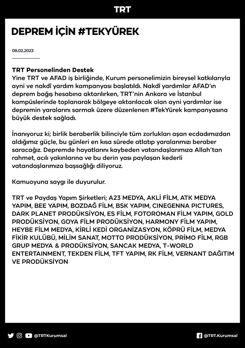 TRT olarak paydaş yapımcılarımızla birlikte; karavanlar, seyyar tuvaletler, ışık kaynakları, kamyonlar, telsizler, ısıtıcılar, jeneratör ve aküler ile insani yardım malzemesi tedarik ettik ve deprem bölgesine sevk ediyoruz.

Her zaman milletimizin yanındayız.

#TekYürek 🇹🇷