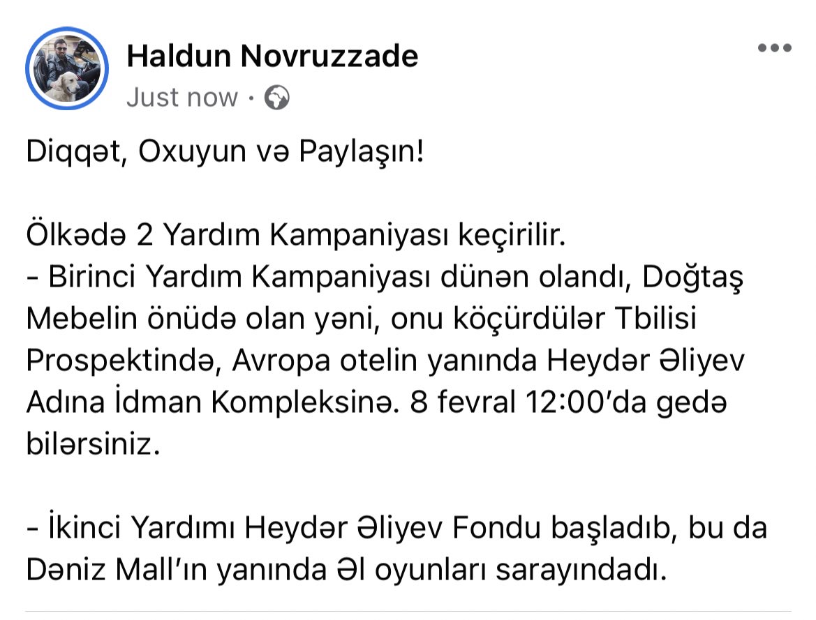 HalduNovruzzade's tweet photo. Paylaşın, Təcili:
Ölkədə 2 yardım kampaniyası keçirilir.
- Doğtaş mebeldə xalqın etdiyi, köçürüldü H.Ə adına idman kompleksinə, Avropa hotel yanı
- Heydər Əliyev Fondunun etdiyi bugun başladı Əl Oyunları sarayında, Dəniz Mall’ın yanı.
#rt #paylash https://t.co/vMFaUn8UGH