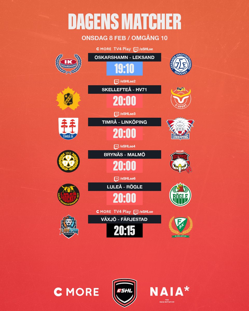 Ställ alarmet på 19.00 ikväll, då kör vi nämligen igång denna eSHL-kväll med följande matcher på schemat! ⏰

Följ live via:
C More - bit.ly/eSHL-CMORE
TV4 Play - bit.ly/eSHL-TV4Play
Twitch - bit.ly/eSHL-Twitch

#eSHLse #NHL23