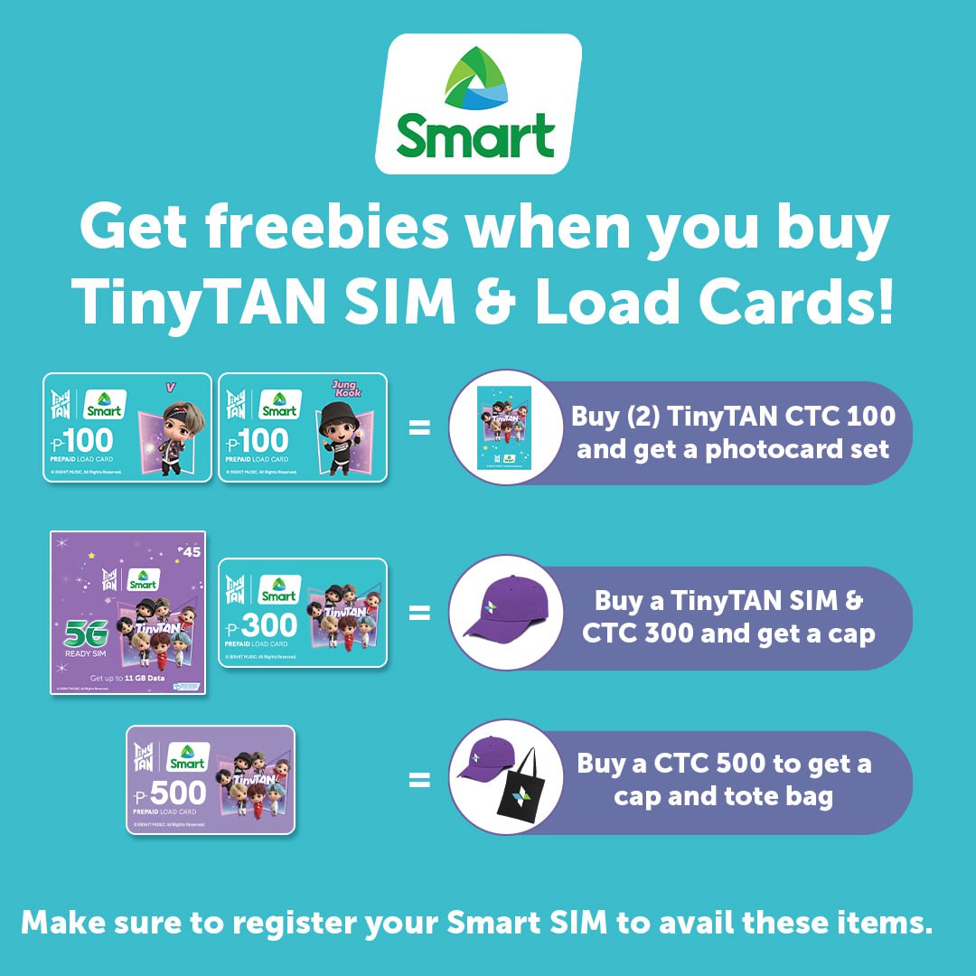 Hey, Tamaraws! 

TinyTAN and BTS Freebies available at FEU SB Walkway from February 6 to 10, 2023 when you buy Smart SIM and Load Cards TinyTAN edition! 
Make sure to register your Smart SIM to avail these items.

See you there!