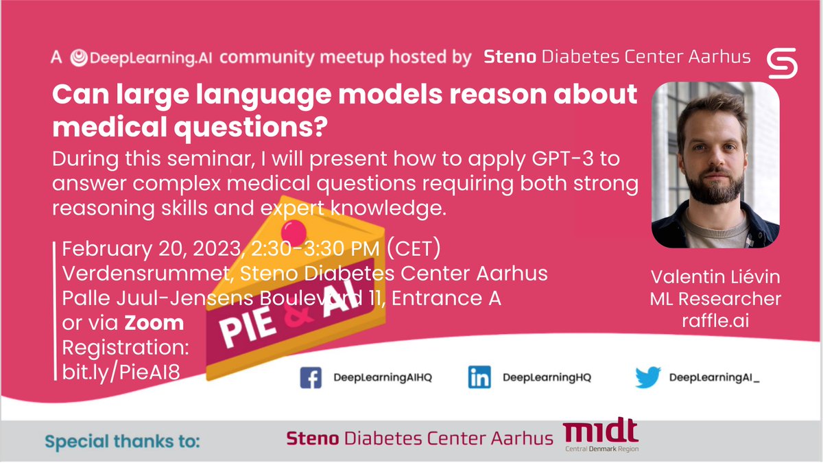 Adam Hulman (@adamhulman) on Twitter photo 📢Registration for the first Pie & AI: Aarhus🥧 seminar of 2023 is now open: bit.ly/PieAI8
I'm looking forward to welcoming <a href="/valentinlievin/">Valentin Liévin</a> (<a href="/RaffleAI/">raffle.ai</a>) at <a href="/StenoAarhusRes/">Research @ Steno Diabetes Center Aarhus</a> on Feb 20.
Topic: the medical knowledge encoded in large language models 🩺🤖 #ai #datascience 📢Registration for the first Pie & AI: Aarhus🥧 seminar of 2023 is now open: bit.ly/PieAI8
I'm looking forward to welcoming <a href="/valentinlievin/">Valentin Liévin</a> (<a href="/RaffleAI/">raffle.ai</a>) at <a href="/StenoAarhusRes/">Research @ Steno Diabetes Center Aarhus</a> on Feb 20.
Topic: the medical knowledge encoded in large language models 🩺🤖 #ai #datascience
