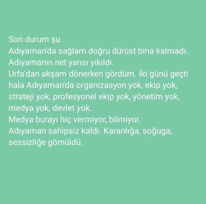 ADIYAMAN ALİTAŞI MAH. ZİYA GÖKALP CAD. ŞOK MARKET KARŞISI MERVE APRT. ÖNÜ
YARDIMM BEKLİYOORUUUUZZ📌📌

<a href="/AFADBaskanlik/">AFAD</a> 
<a href="/AFADAdiyaman/">AFAD Adıyaman🇹🇷</a> 
<a href="/AdiyamanBelTR/">Adıyaman Belediyesi</a> 
<a href="/haluklevent/">Haluk Levent ( Ahbap Ekibi )</a> 
<a href="/RTErdogan/">Recep Tayyip Erdoğan</a> 
<a href="/BabalaTv/">BaBaLa TV</a> 
<a href="/OguzhanUgur/">Oğuzhan Uğur</a>