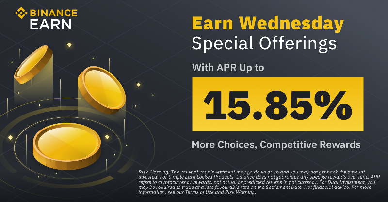 binance's tweet photo. Wednesdays 👉 new rewarding offers with #Binance Earn!