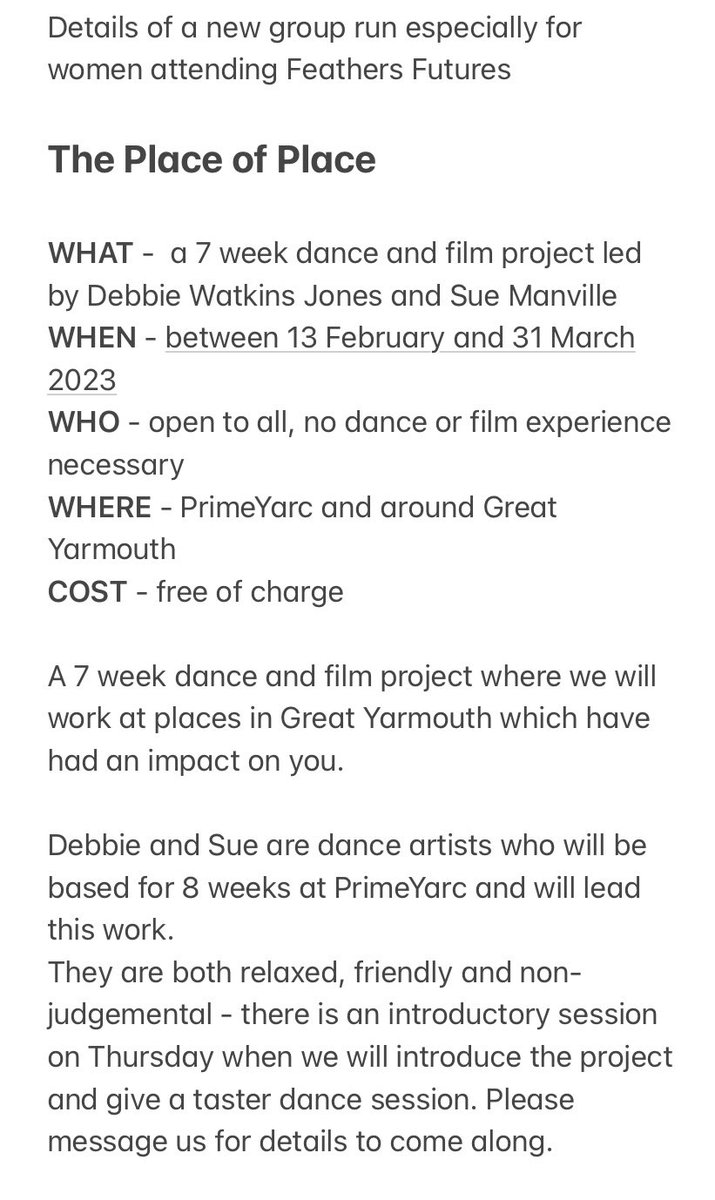 feathersfutures's tweet photo. Debbie and Sue from @EdgefieldDance are starting a new project especially for Feathers Futures. 
If you are interested in joining in please message us. 
#GreatYarmouth #Dance #WomenSupportingWomen https://t.co/PFNgWs0MNC