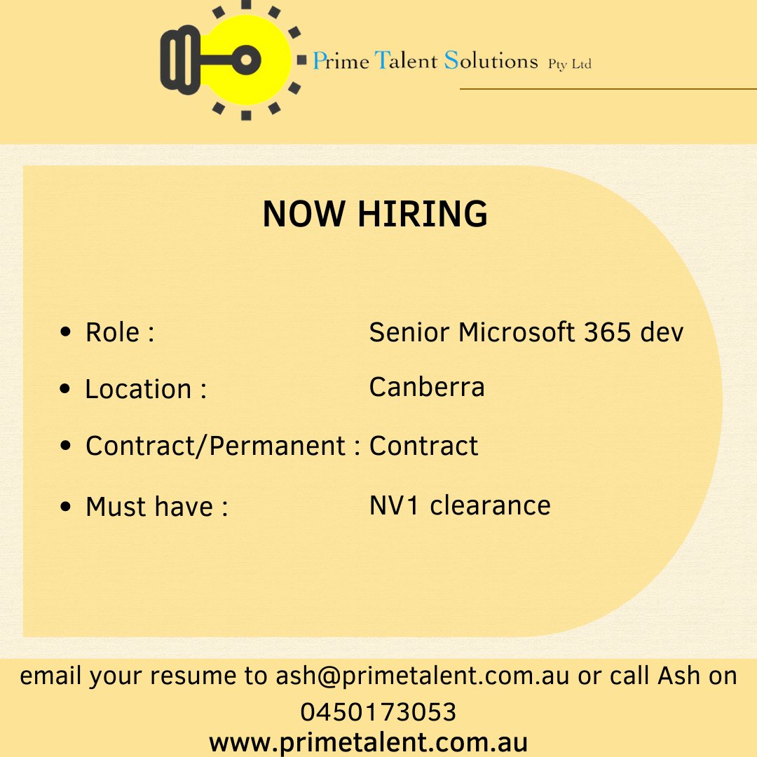 PrimeTalentpty's tweet photo. Looking for Senior #microsoft365 #developer , location #melbourne or #canberra
.
.
#job #jobsearch #jobvacancy #jobopportunity #jobseekers #jobseeker #jobinterview #jobhunt #jobsearching #jobopening #jobhunting https://t.co/eZdaTAqjx7